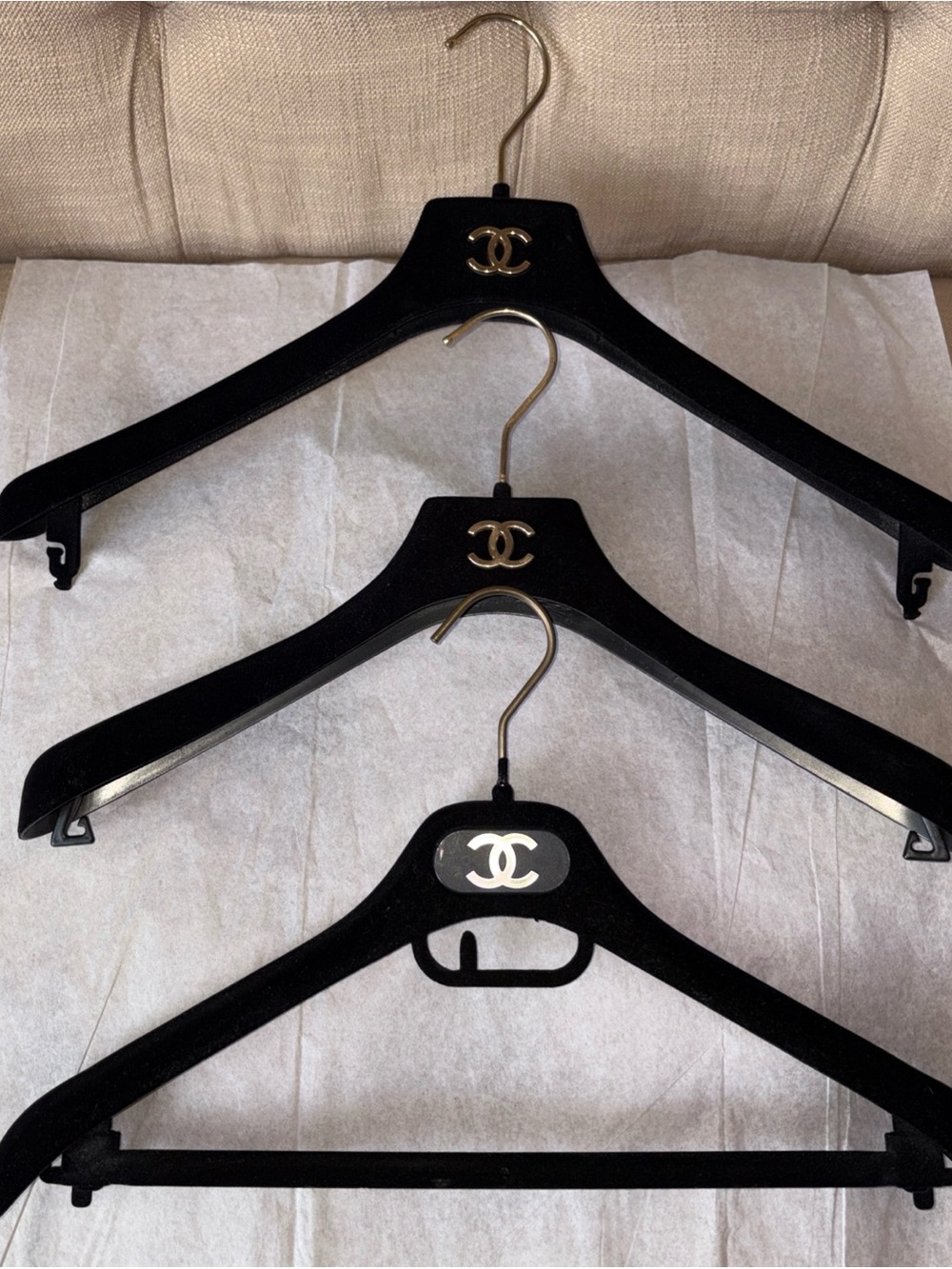 CHANEL Black Velvet Hangers with Gold CC Logos (Set of 3)